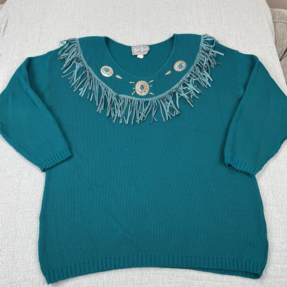 Vintage Cover Charge Turquoise‎ Fringe Sweater Southwest Silver Accents USA Made